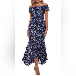3D-Blue Floral Off-The-Shoulder midi-Gown